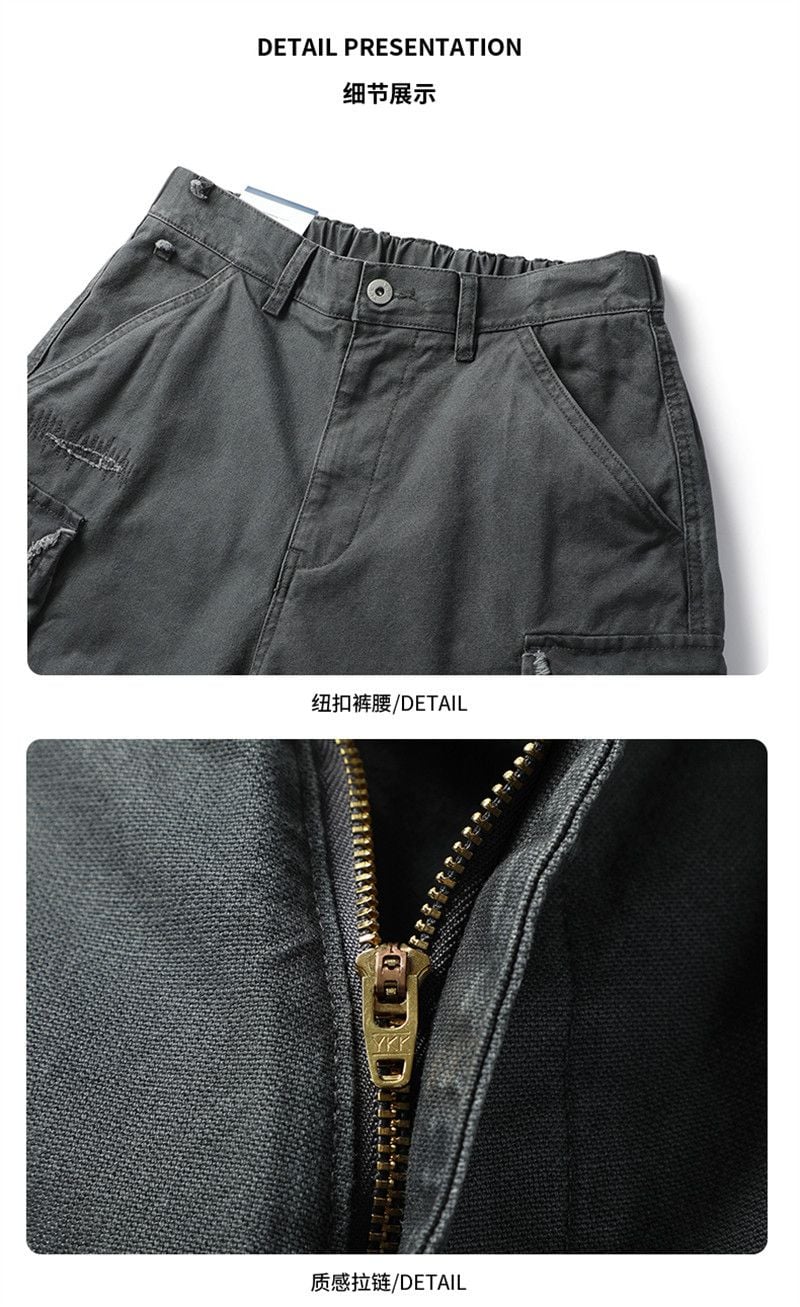Men’s Summer Cargo 5‑Inch Shorts, American High‑Street Vibe Style, Solid Color, Ripped & Patchwork Design, Loose Casual Fit