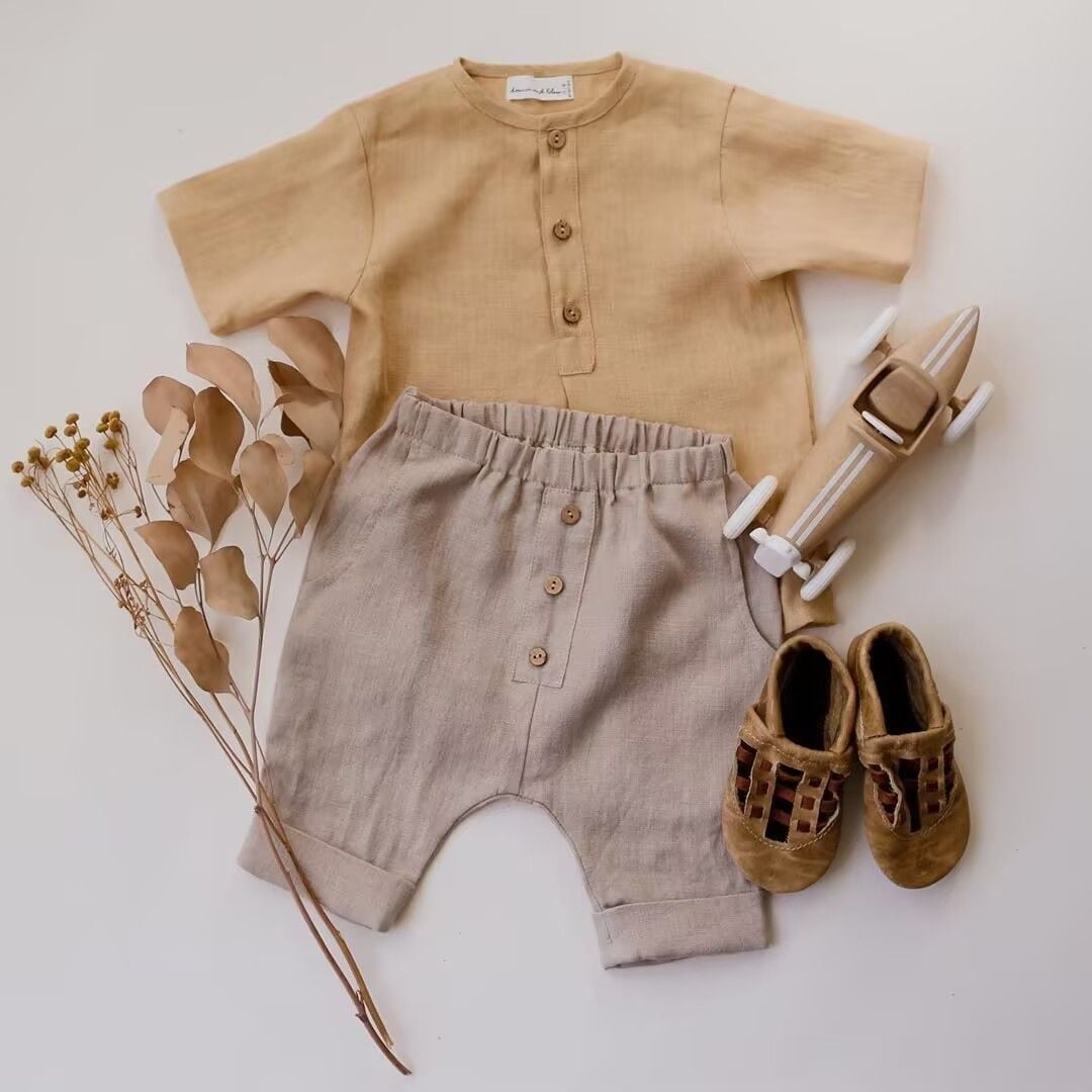 Summer Linen Cotton Boys Outfit, Solid Color Short Sleeve T-shirt + 7/8 Length Pants 2-Piece Set, Breathable Linen Cotton Toddler Baby Boys Matching Set
