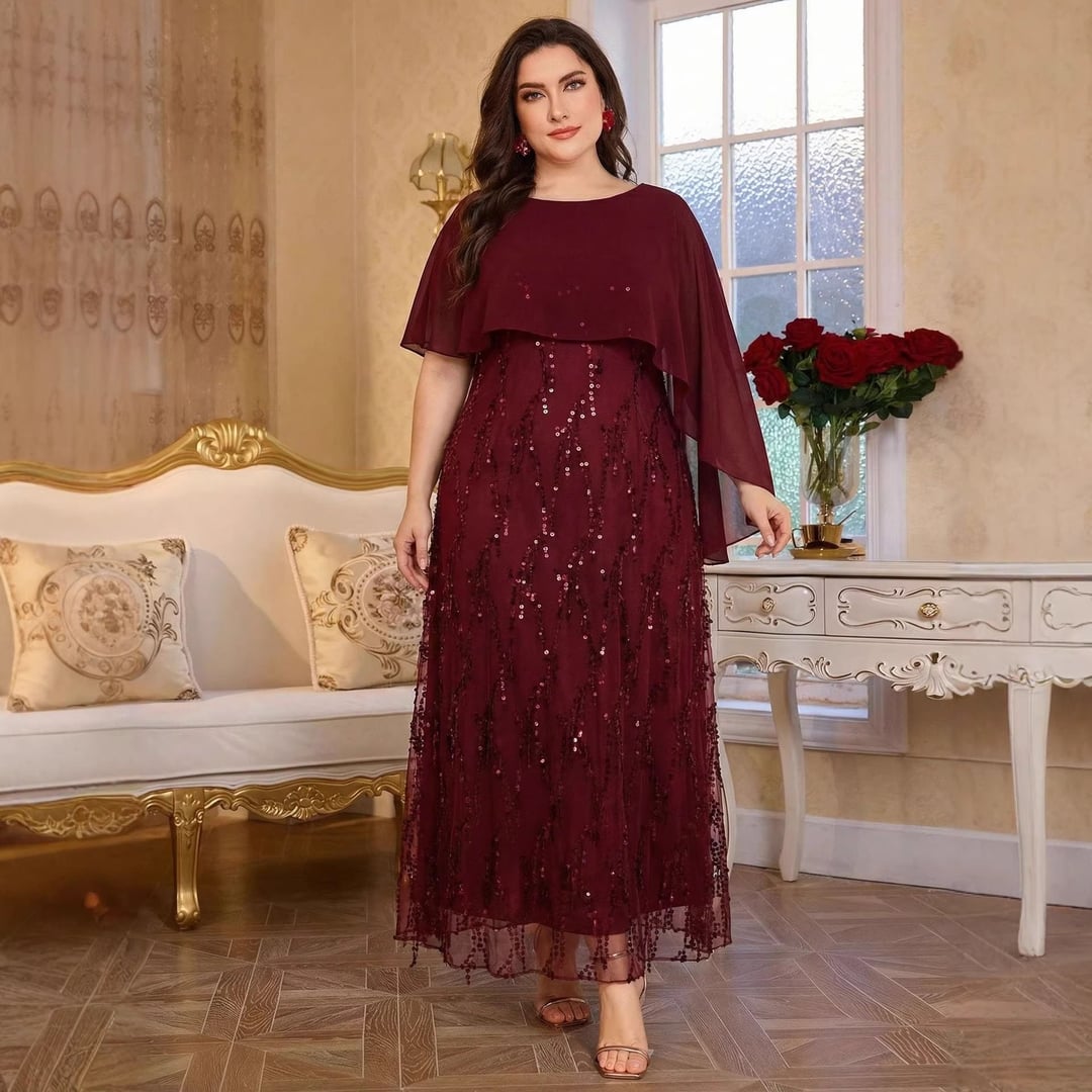 Plus Size Sequin Cami Dress With Shawl For Women