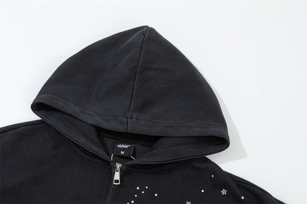 Men Starry Bling Hot‑Fix Rhinestone Hooded Zip‑Up Cardigan, Hip‑Hop Street‑Style Unique Double‑Slider Zipper Sweatshirt Jacket for Spring Autumn
