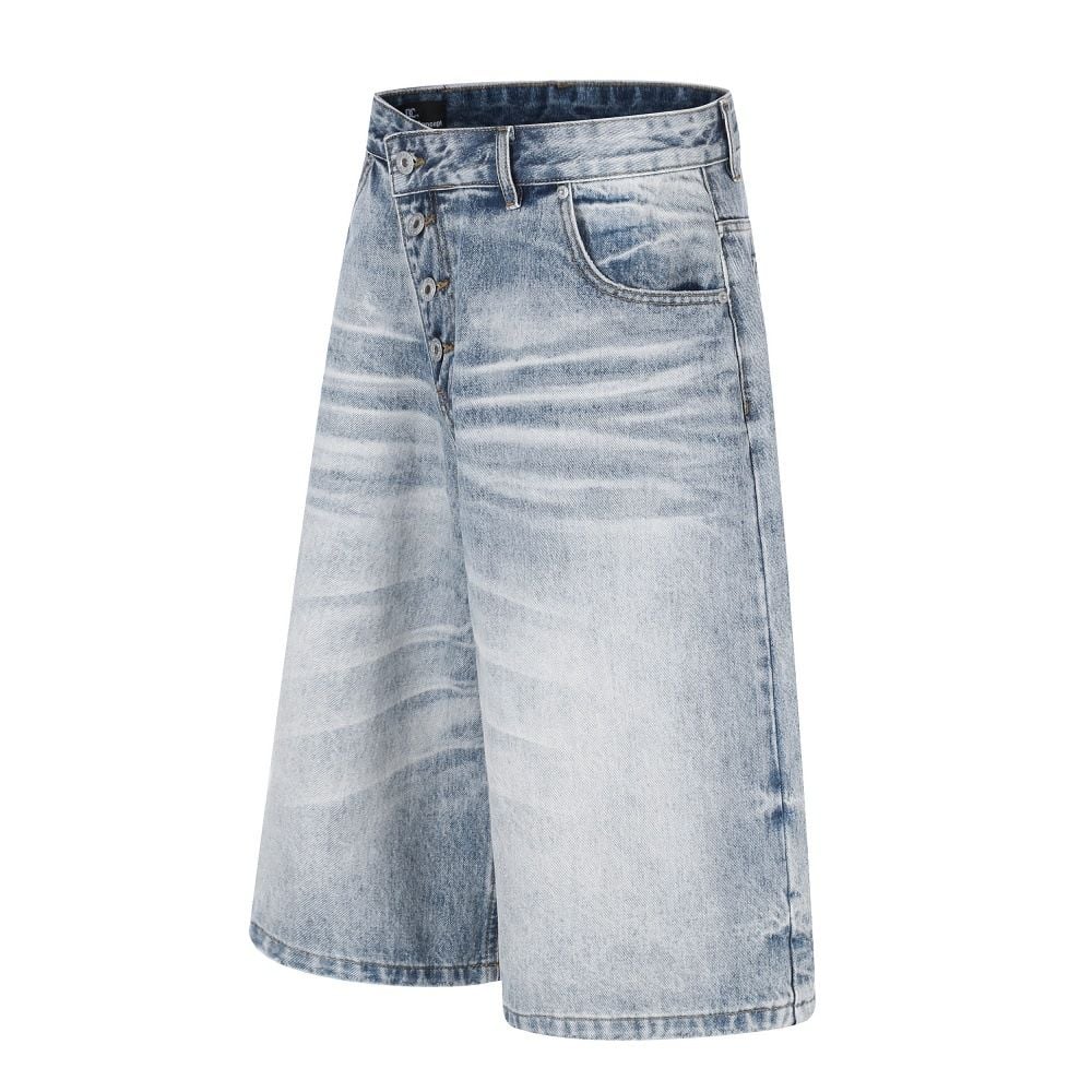 Men Light‑Wash Distressed Denim 5‑Point Shorts Summer Button Fly Offset Placket Stylish Casual Shorts