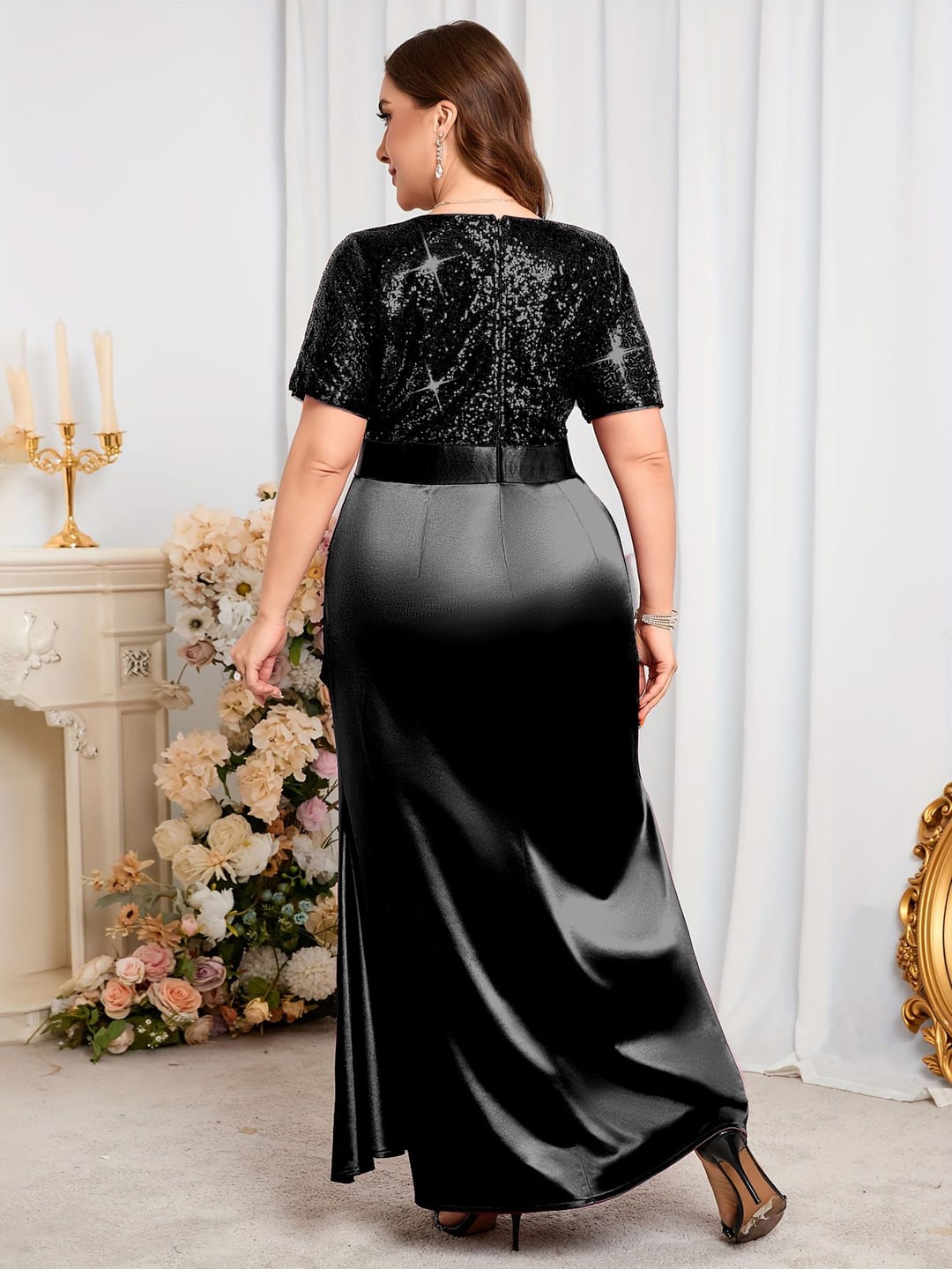 Plus Size Women V-Neck Short Sleeve Split Sequin Elegant Dress