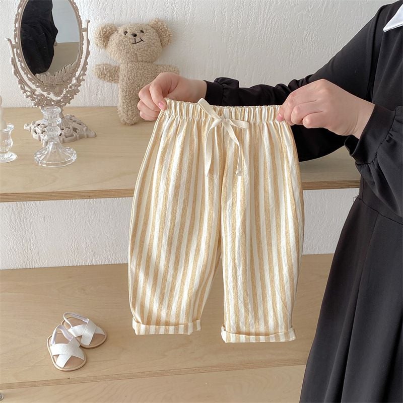 Boys & Girls Striped Drawstring Casual Pants, Loose Lightweight Cotton Linen Long Trousers for Kids