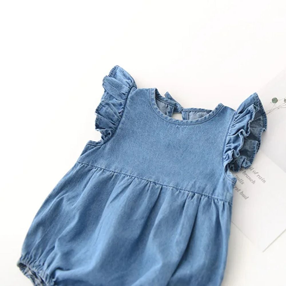 Summer Flutter Sleeve Denim Romper, Sleeveless Triangle Bodysuit for Infants