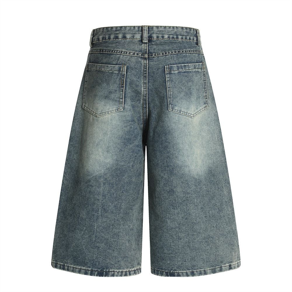 Men’s INS European Hip‑Hop Denim 5‑Inch Shorts, Fun Cartoon Motif, A‑Line Silhouette, Vintage Washed, Flock Embroidery Detail, Loose Wide‑Leg Street Shorts