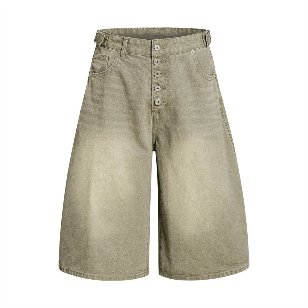 Men’s Summer Punk Street‑Style Canvas Work Shorts, Button Fly, Washed Distressed, Loose Fit, 7/8 Length
