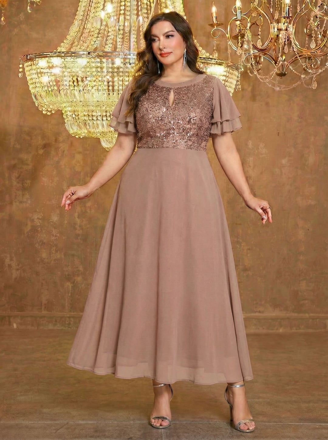 Plus Size Sequin Bridesmaid Dress Chiffon Patchwork Elegant Evening Gown