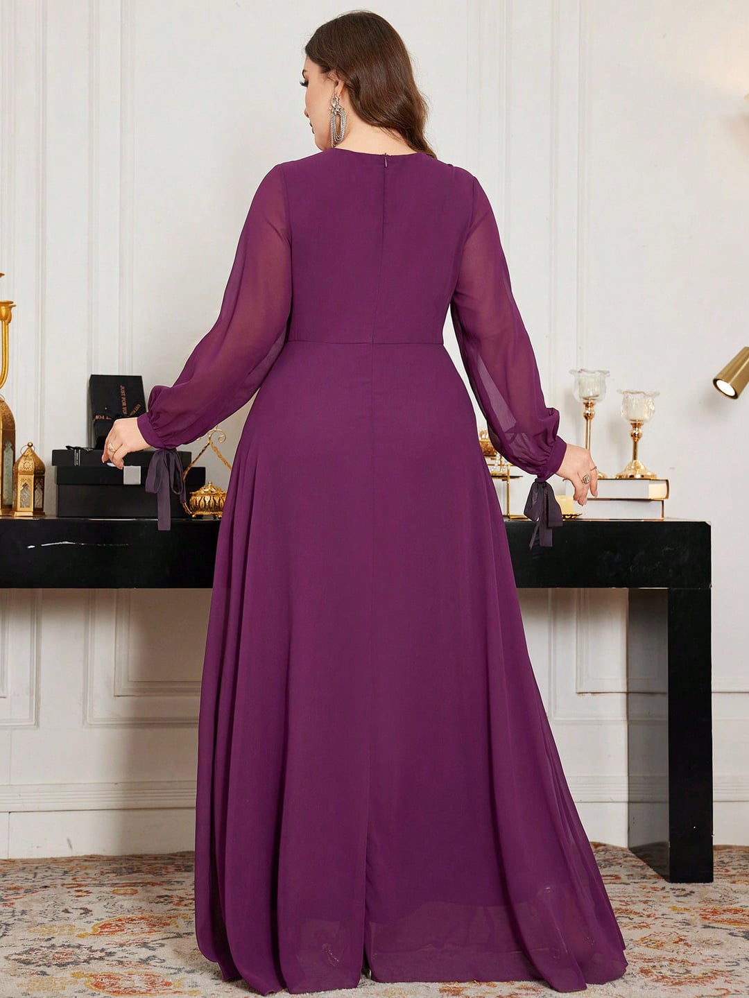 Plus Size Evening Dress, Round Neck, Long Sleeve, Side Slit, Sequin Elegant Design