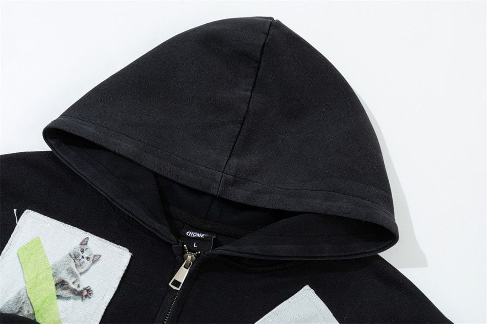 Men’s Color‑Block Patch Cat Graphic Zip‑Up Hoodie, Hip‑Hop Loose Casual Sweatshirt
