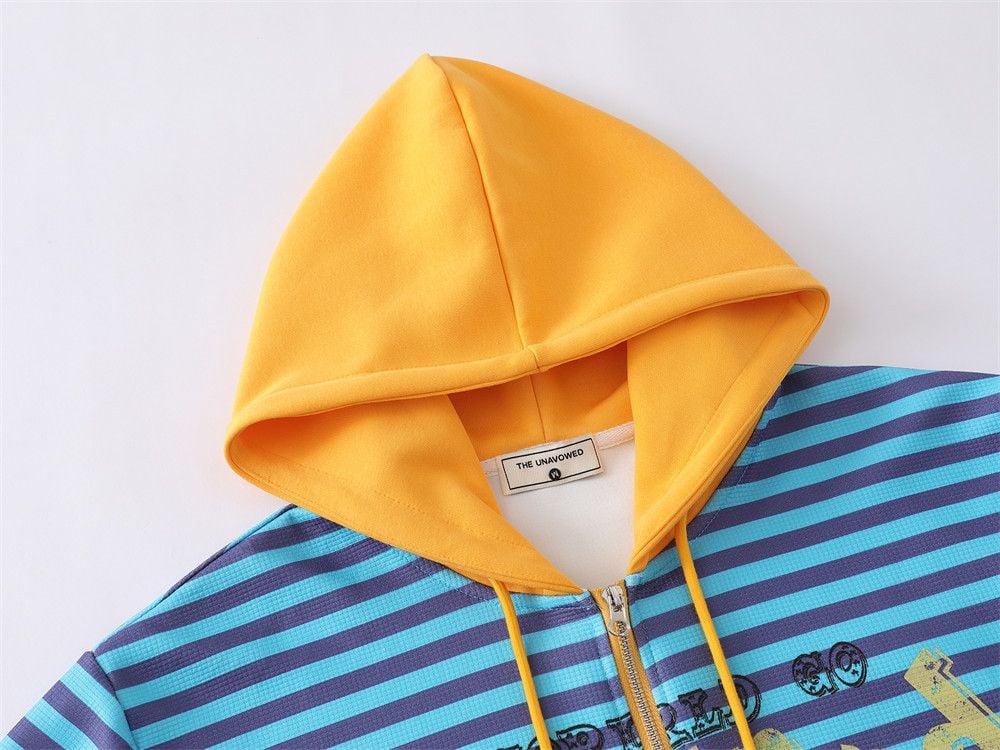 Men American‑Style Striped Letter Print Zip‑Up Hoodie, Loose Street‑wear Casual Sweatshirt Jacket for Spring and Autumn