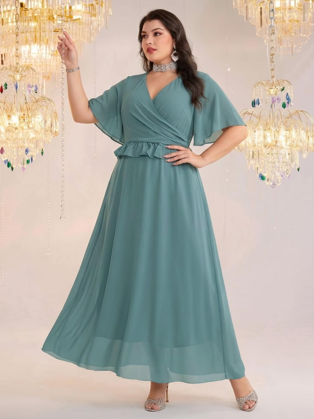 Women's Plus Size Elegant Cross V-Neck Ruffle Waist Slimming Summer Dress