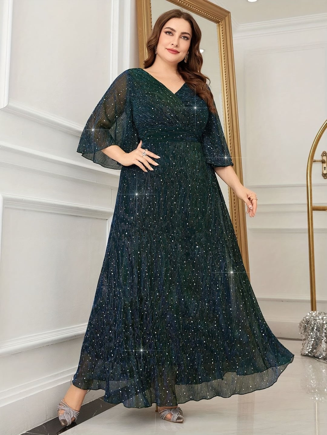 Plus Size Women European Style V-neck Long Sleeve Slit Sequin Elegant Dress