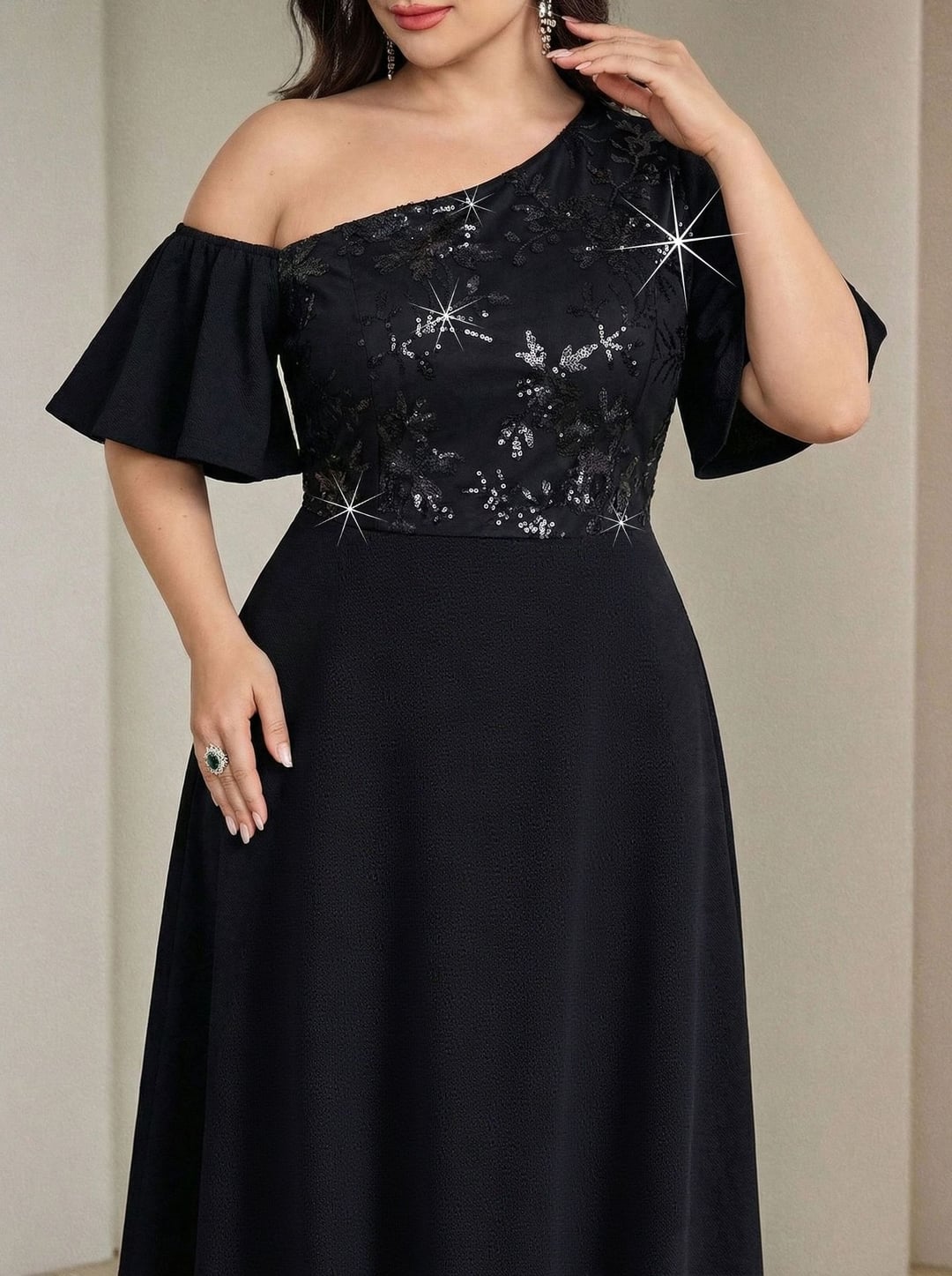 European & American One-Shoulder Flare Sleeve Sequin Embroidery Elegant Evening Dress
