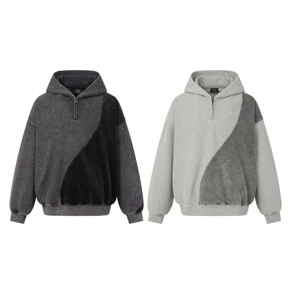 Men’s Washed Vintage Half‑Zip Hoodie, Irregular Color‑Block Splicing Streetwear Sweatshirt