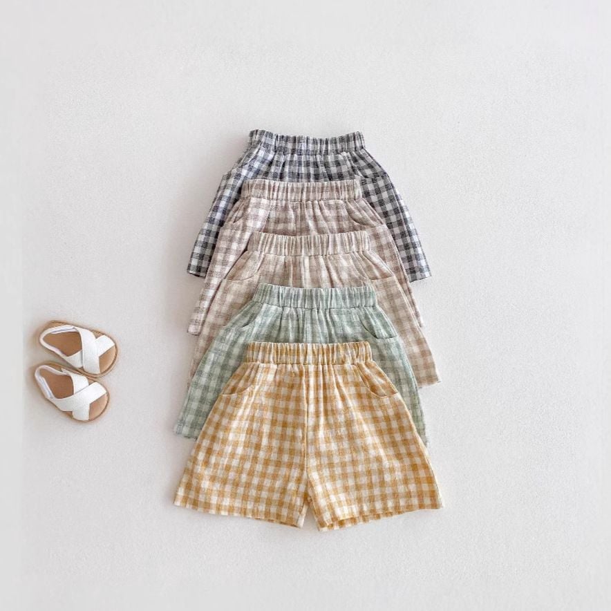Boys Plaid Linen Cotton Shorts, Thin Breathable Casual Home Shorts for Summer