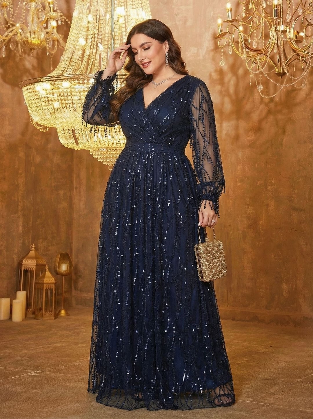 Plus Size Women Dress, European American V-Neck Long Sleeve Slit Sequin Elegant Style