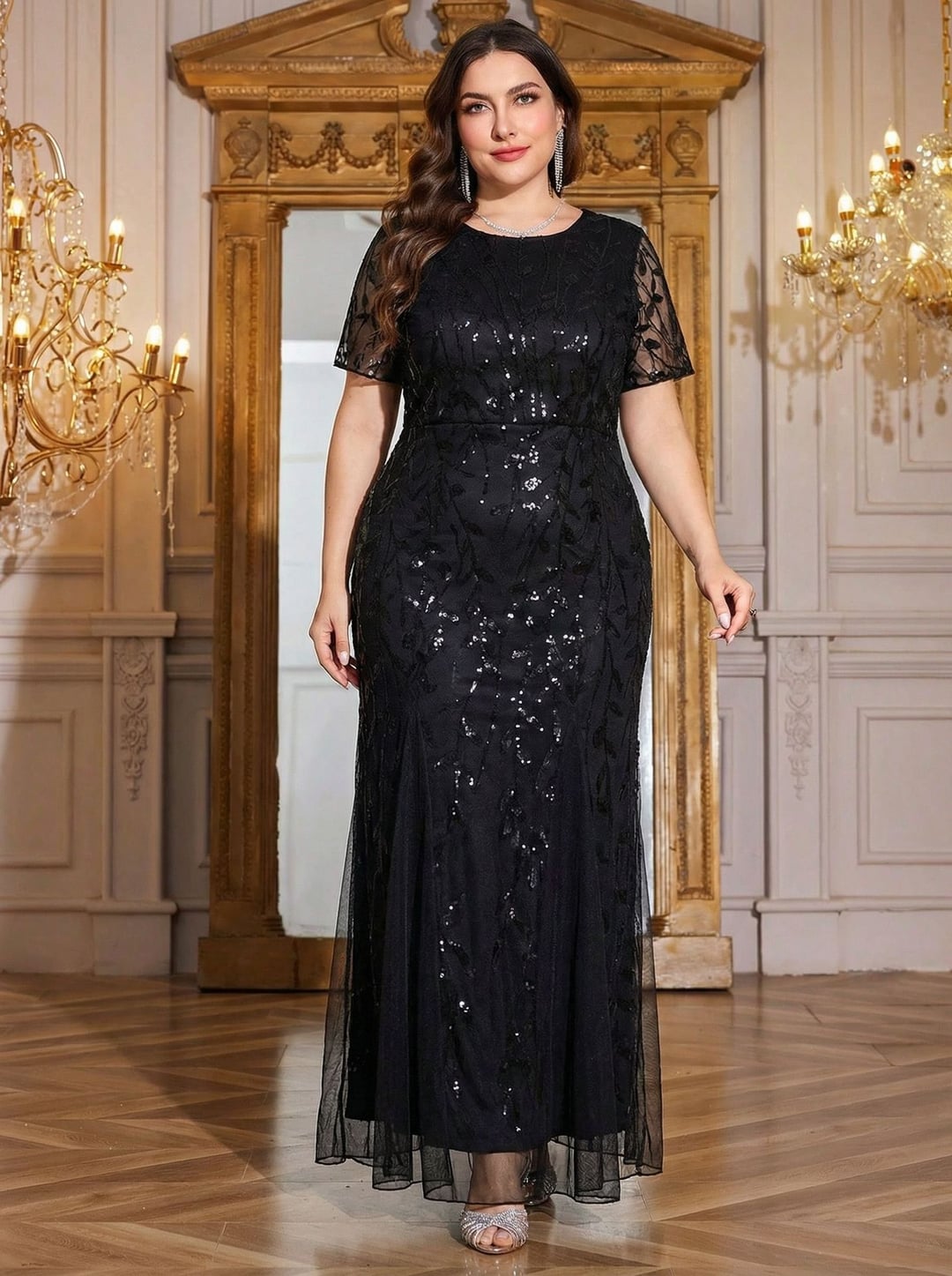 Plus Size Women Dress, European & American Style, V-neck Long Sleeve Slit Sequin Elegant Dress
