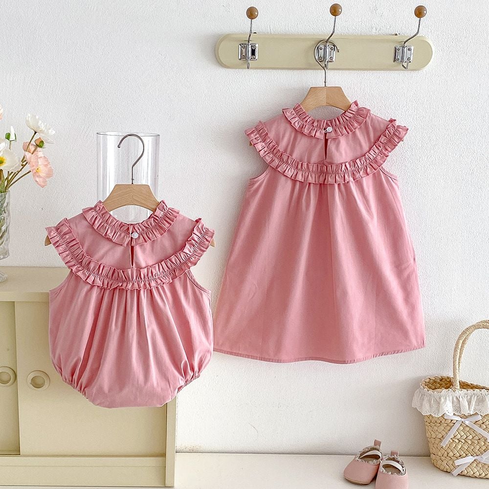 Baby Girls Korean Style Sleeveless Romper, Ruffle Neck Dress Bodysuit, Summer Casual Wear