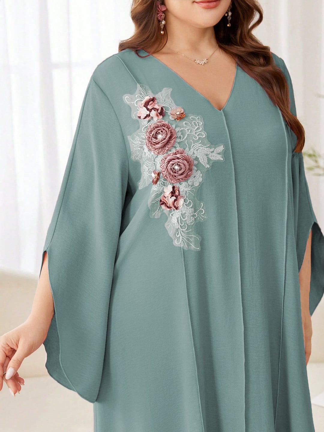 Plus Size Women Ethnic Style Loose Long Dress, V Neck