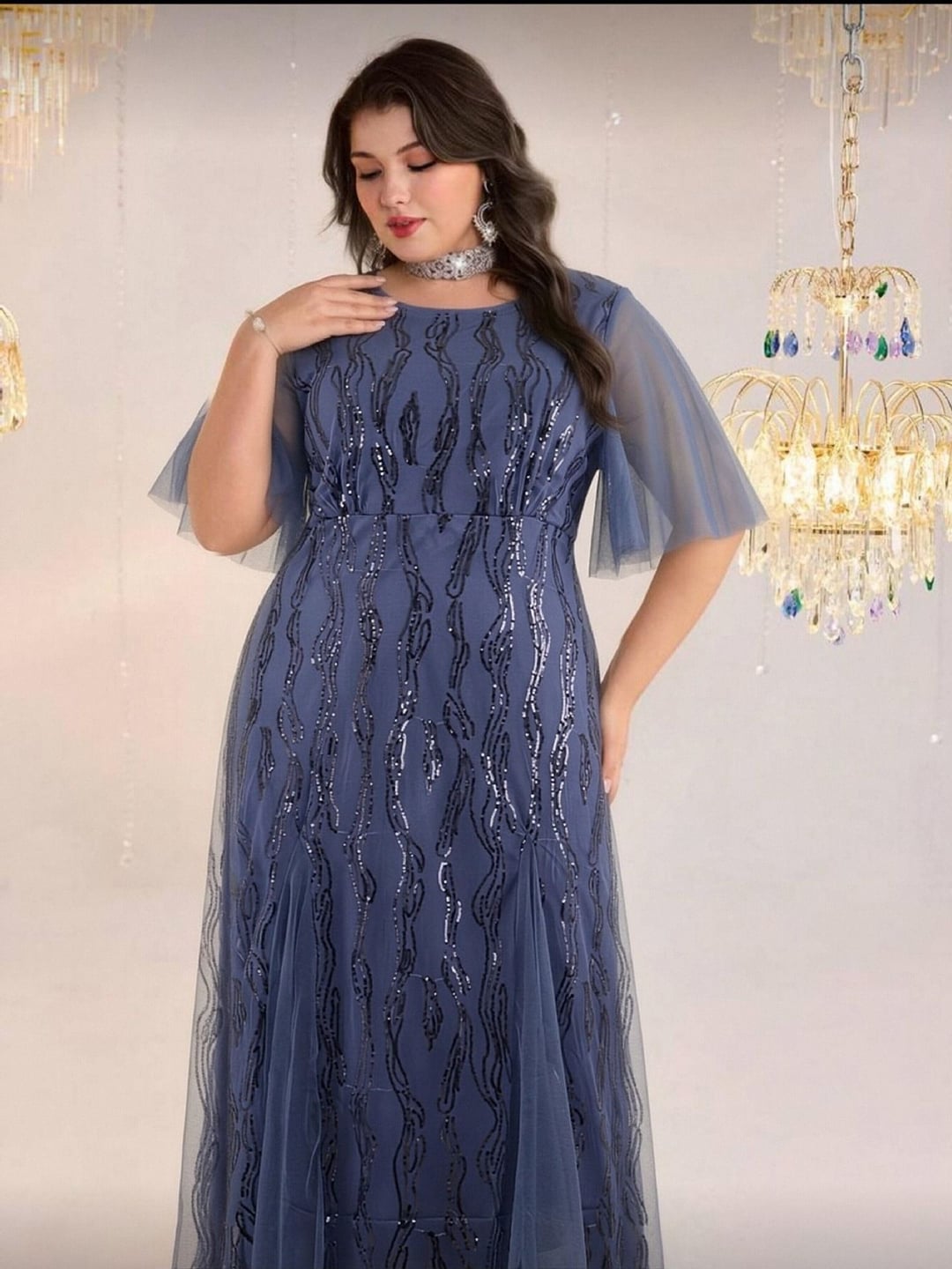 Plus Size Elegant Round Neck Short Sleeve European Style Evening Dress