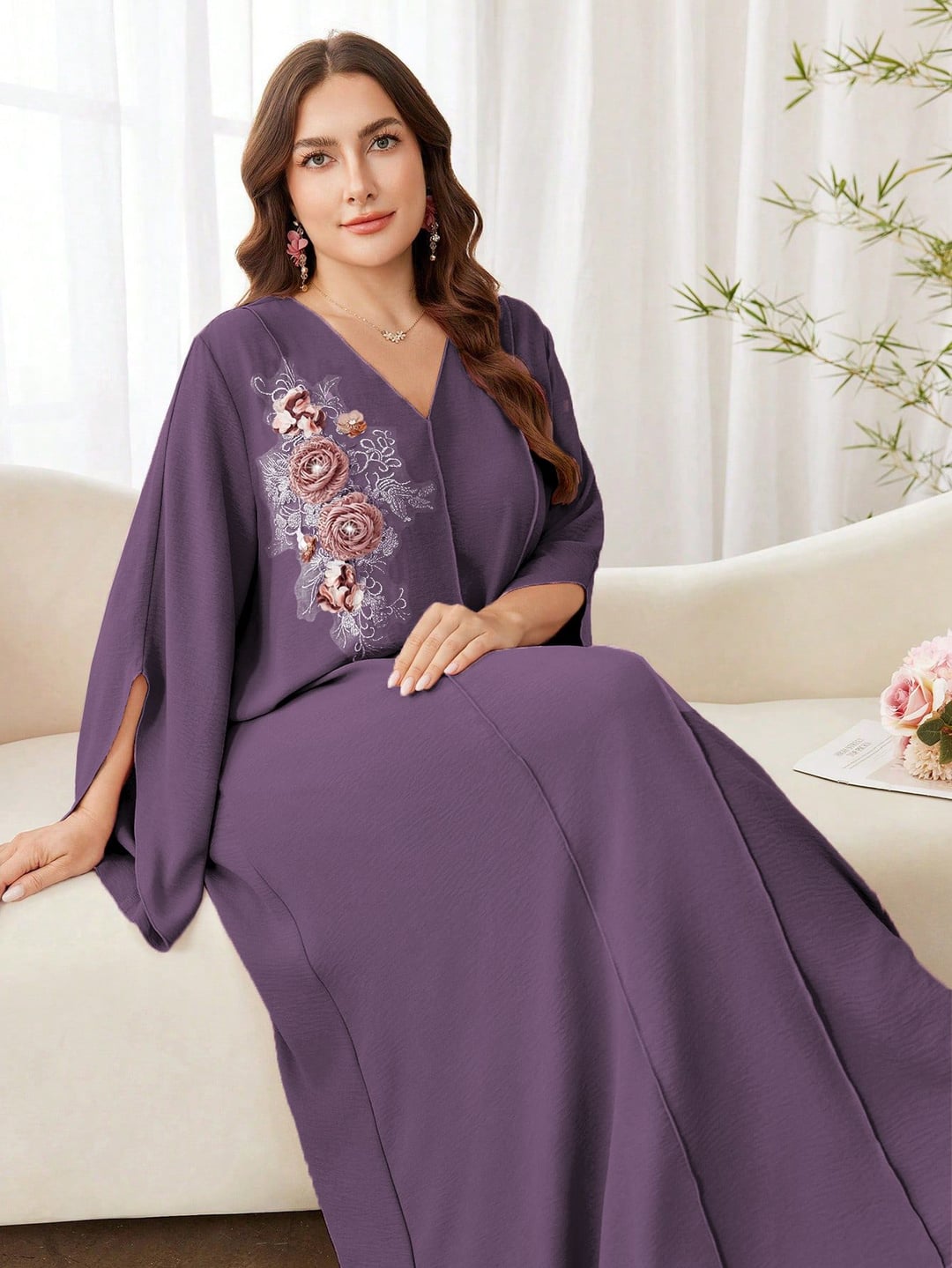 Plus Size Women Ethnic Style Loose Long Dress, V Neck