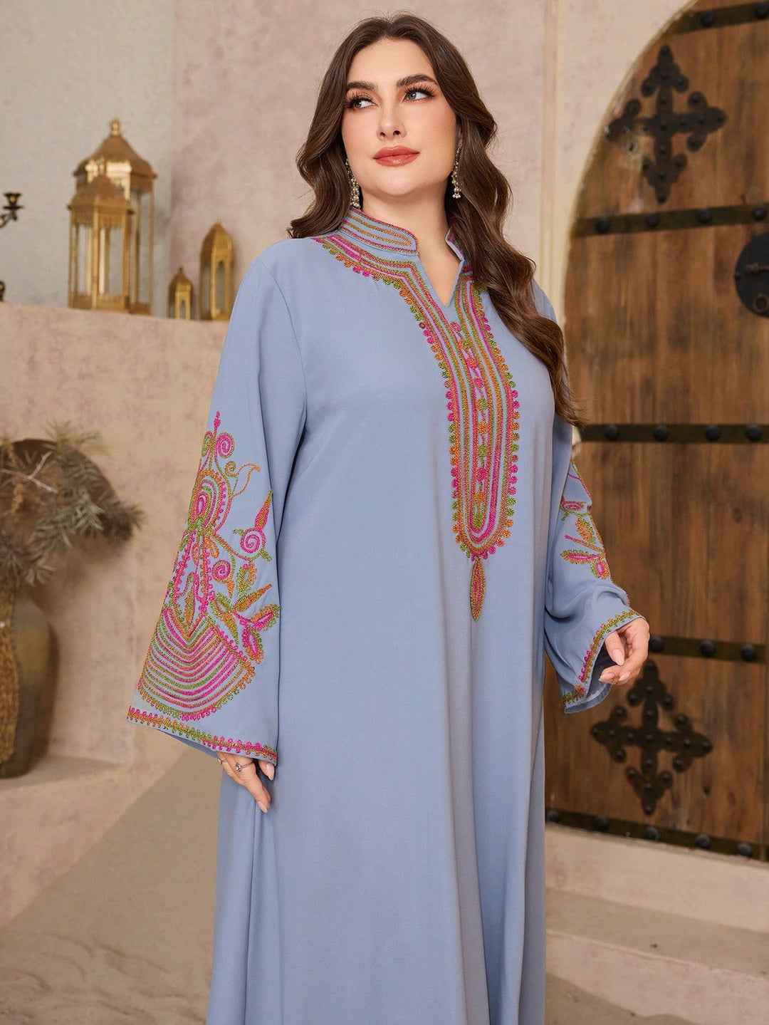 Plus size ethnic style long loose dress, small V-neck, slight satin finish