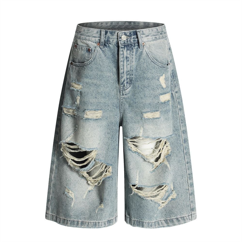 Men's American Punk Ripped Denim Seven-Point Pants Summer Style