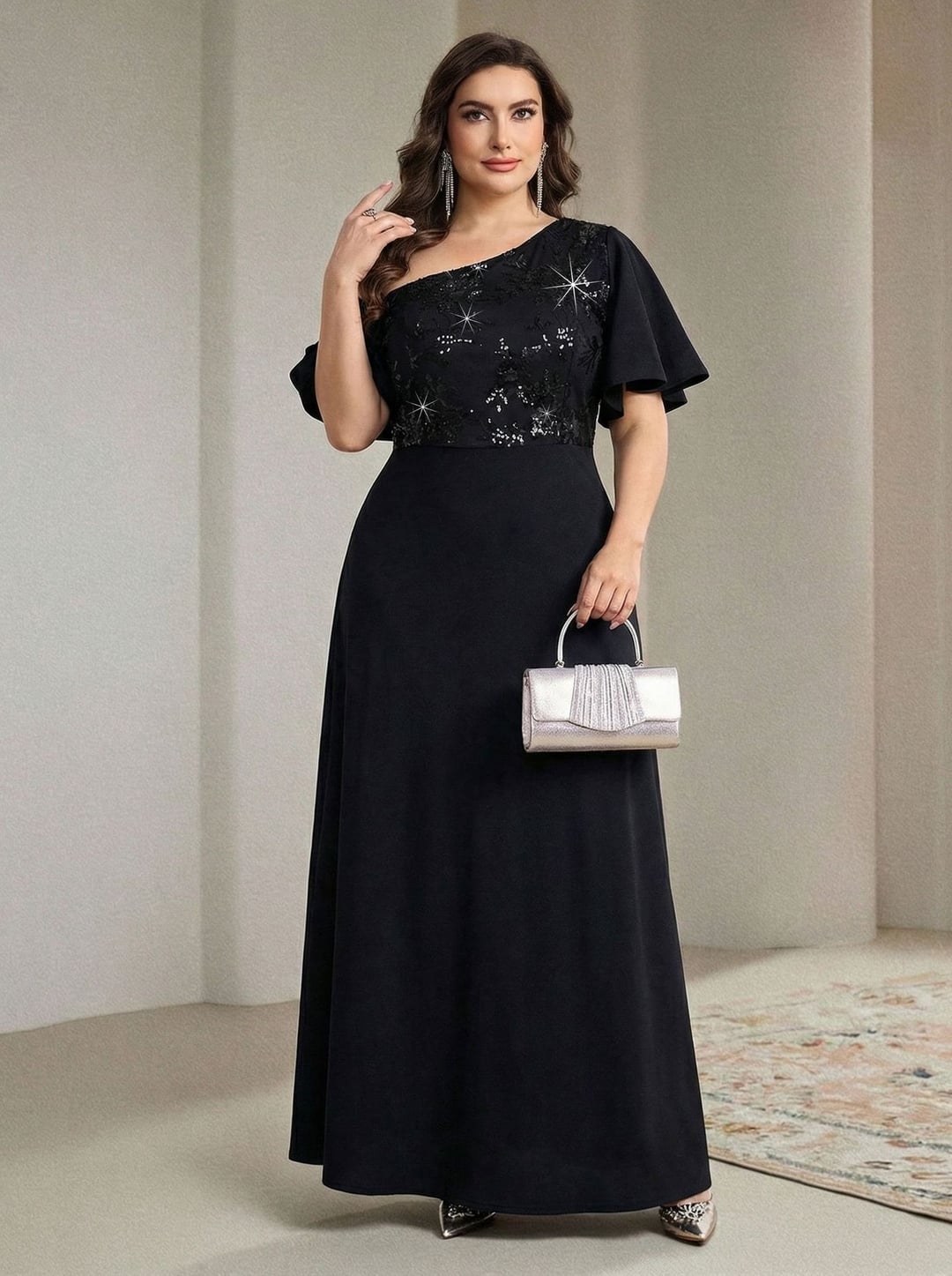 European & American One-Shoulder Flare Sleeve Sequin Embroidery Elegant Evening Dress