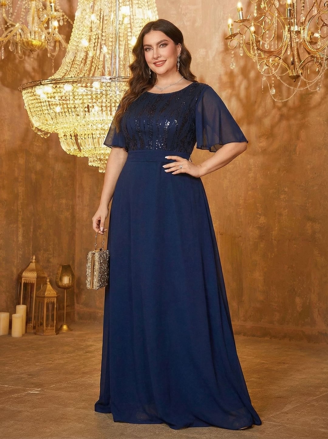 Elegant Plus Size Sequin Bridesmaid Dress, Sequin Spliced Chiffon