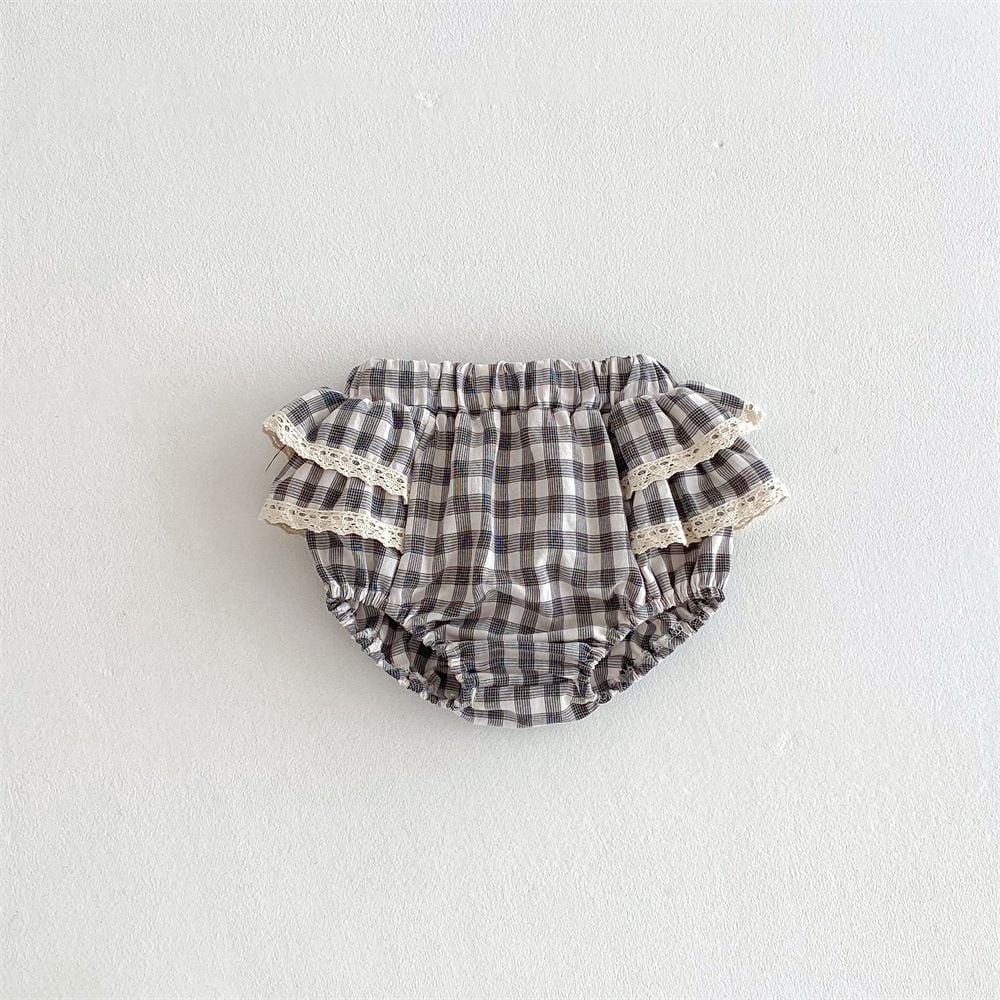 Infant Tiered Skort with Plaid & Lace, Double Ruffle Design, Loose Diaper-Friendly Shorts for Baby Girls