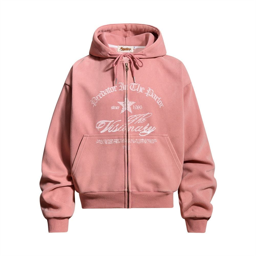 Men Vintage Distressed Letter Print Cropped Zip‑Up Hoodie, Loose Casual Sports Outerwear for Spring Autumn