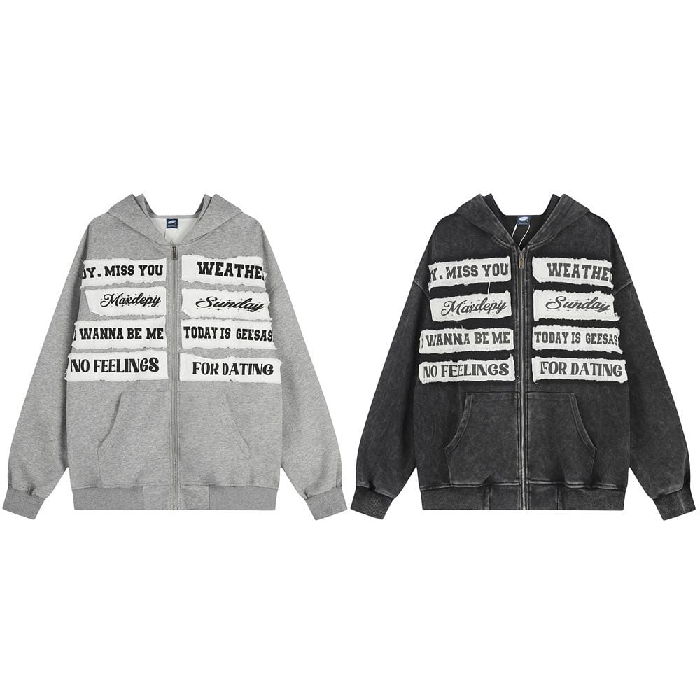 Men Niche Design Streetwear Hoodie Jacket, Distressed Letter Applique Embroidery Loose Casual Sweatshirt for Spring Autumn