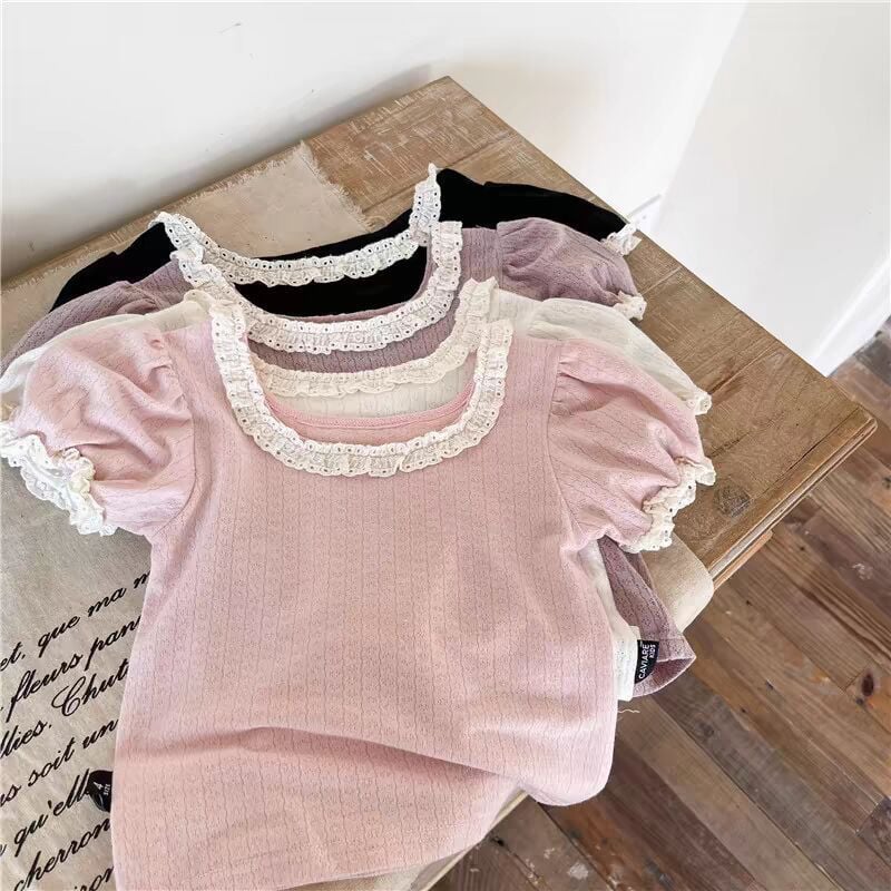 Korean Style Baby Girls Knit Top, Hollow Out Design, Lace Neck & Puff Short Sleeve, Cute Summer T-shirt