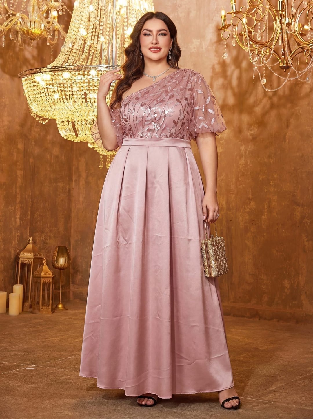 European American V-neck Long Sleeve Split Sequin Elegant Evening Dress