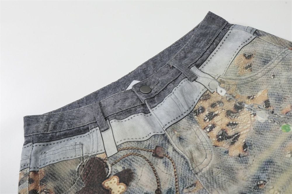 Men’s Niche Hip‑Hop Denim 5‑Inch Shorts, Fake Two‑Piece Look With Digital Print, Loose Straight‑Leg Trendy Streetwear Shorts For Summer