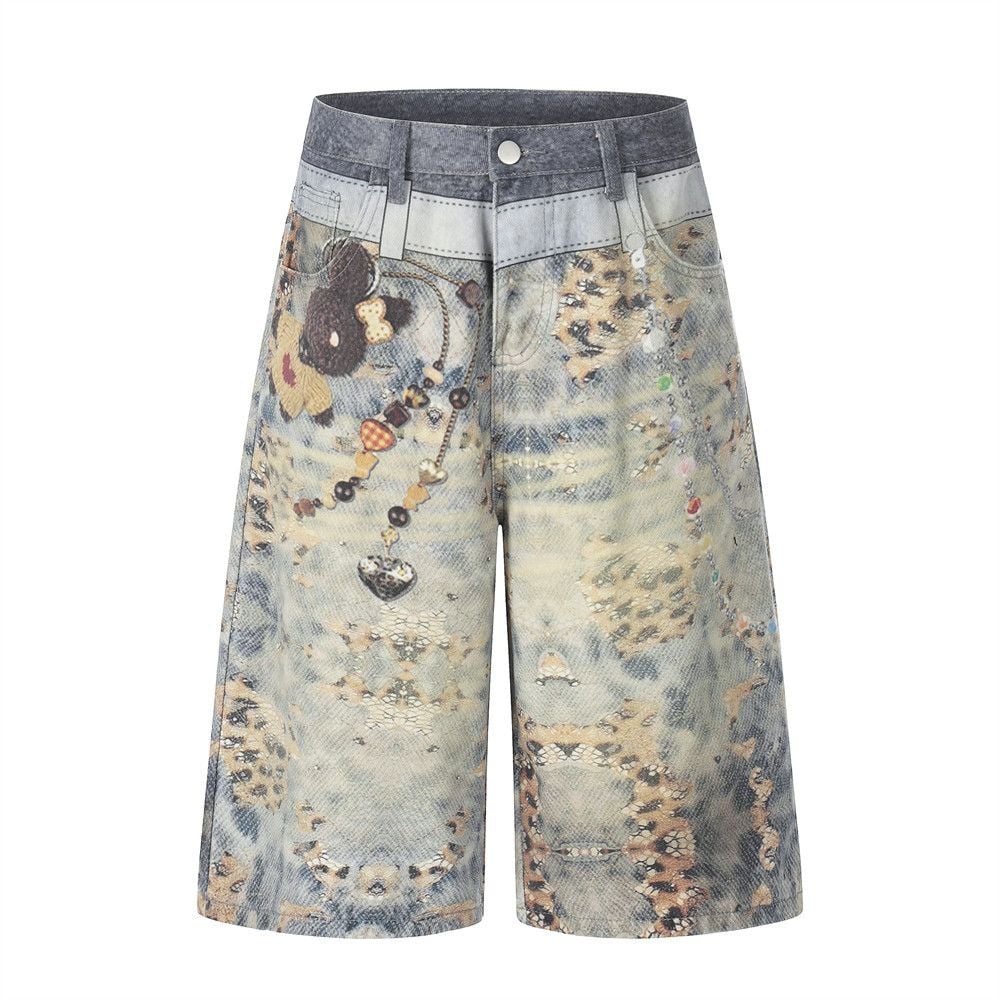 Men’s Niche Hip‑Hop Denim 5‑Inch Shorts, Fake Two‑Piece Look With Digital Print, Loose Straight‑Leg Trendy Streetwear Shorts For Summer