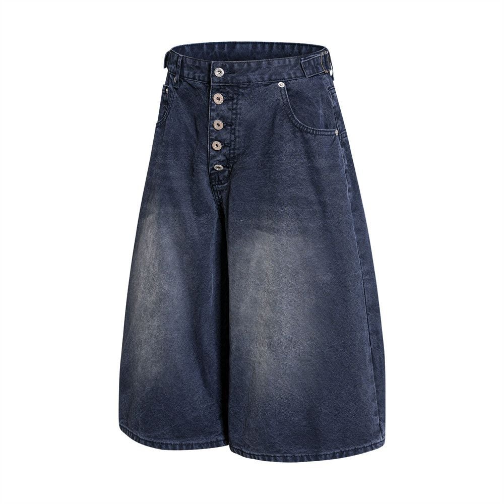 Men’s Summer Punk Street‑Style Canvas Work Shorts, Button Fly, Washed Distressed, Loose Fit, 7/8 Length