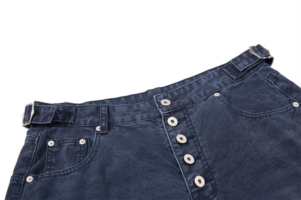Men’s Summer Punk Street‑Style Canvas Work Shorts, Button Fly, Washed Distressed, Loose Fit, 7/8 Length