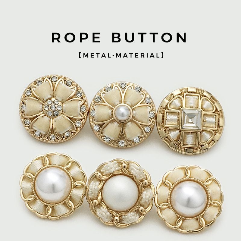 Corded Metal Buttons with Woven Pearls and Rhinestone Inlay