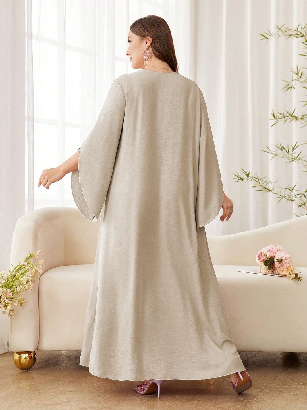 Plus Size Women Ethnic Style Loose Long Dress, V Neck