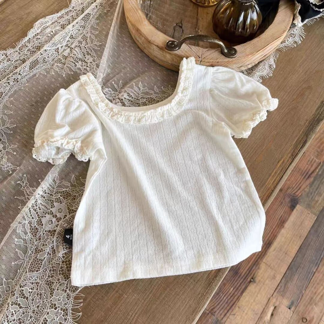 Korean Style Baby Girls Knit Top, Hollow Out Design, Lace Neck & Puff Short Sleeve, Cute Summer T-shirt