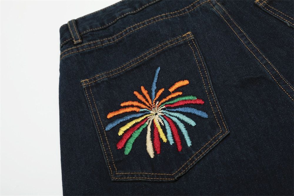 Men’s Summer Denim Mid‑Length Shorts, Firework & Letter Embroidery, Streetwear Brand Style, Washed Loose Casual Straight Wide‑Leg Jeans Shorts