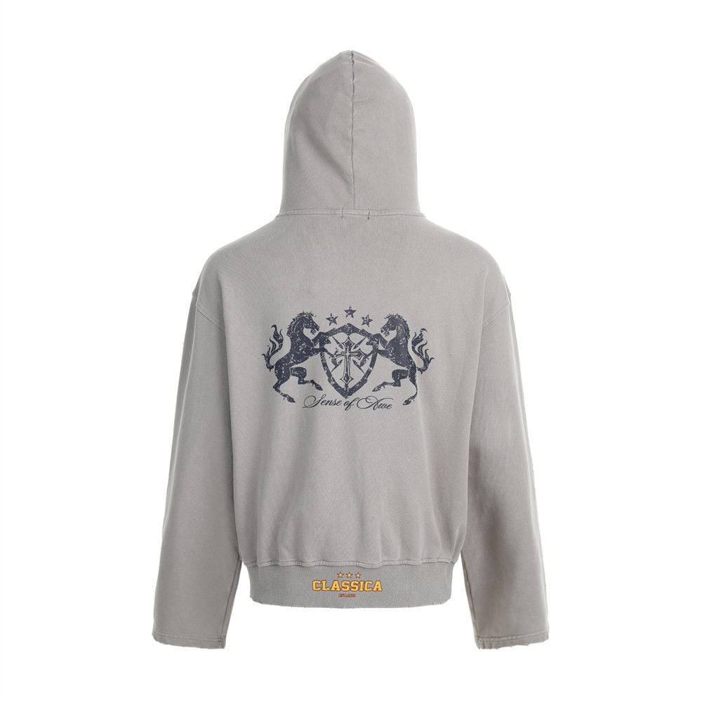 Men Streetwear Zip‑Up Hoodie Jacket, Vintage Print with Distressed Abrasion Finish, Casual Sport Sweatshirt for Spring Autumn