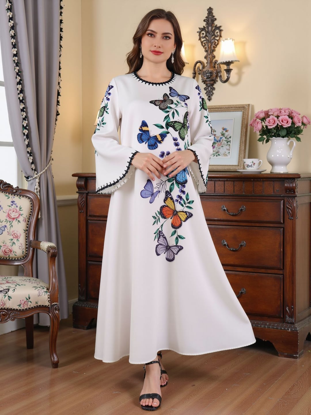 Printed Rhinestone Women Loose Maxi Robe Dress