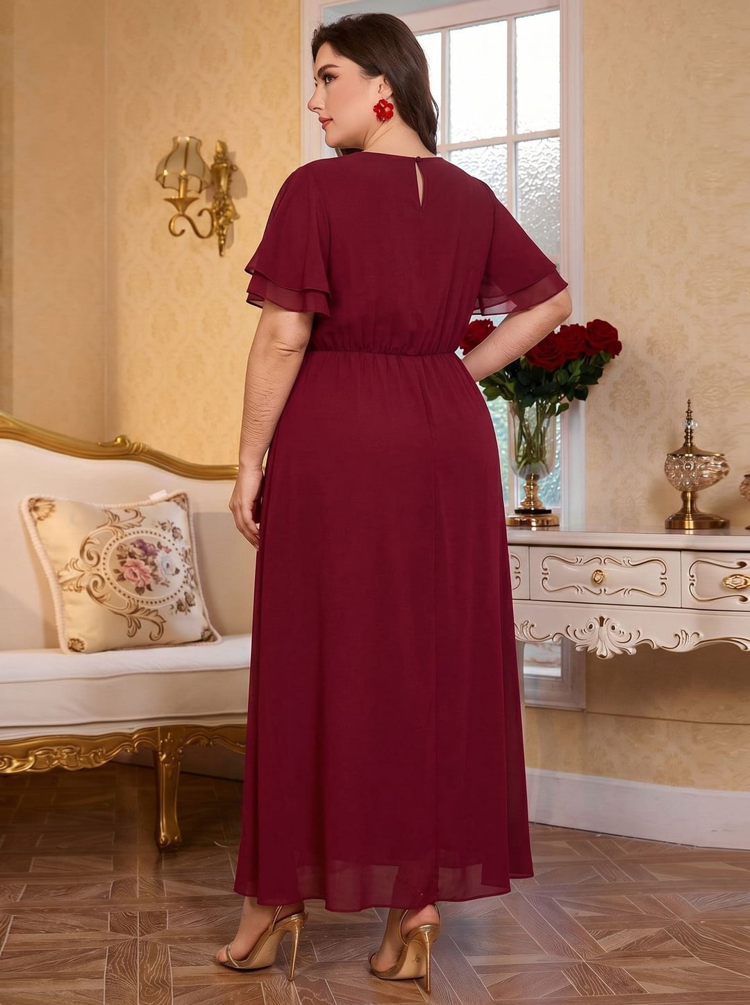 European & American Round Neck 3D Flower Chiffon Evening Dress