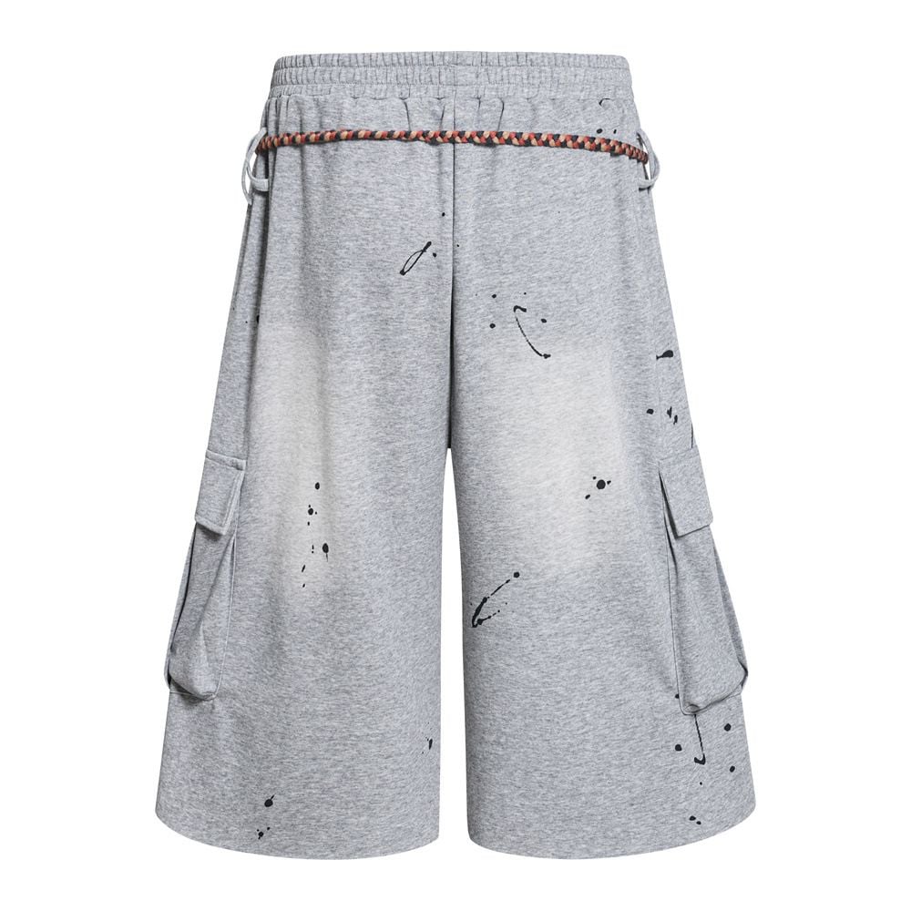 Men Hand‑Drawn Graffiti Washed Cargo 3/4 Shorts, Drawstring Multi‑Pocket Loose Wide‑Leg Streetwear