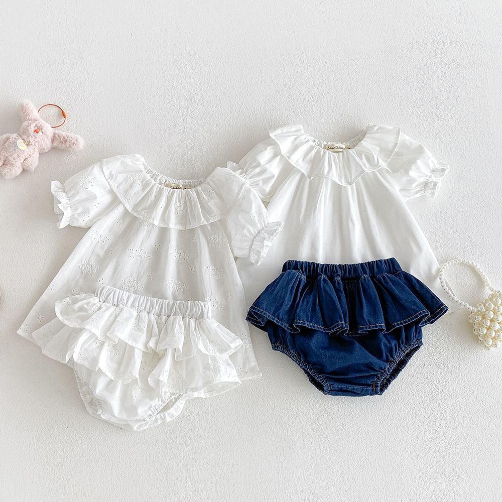 Baby Girl White Cotton T‑Shirt Cute Ruffle Collar Puff Short Sleeve Breathable Kids Top