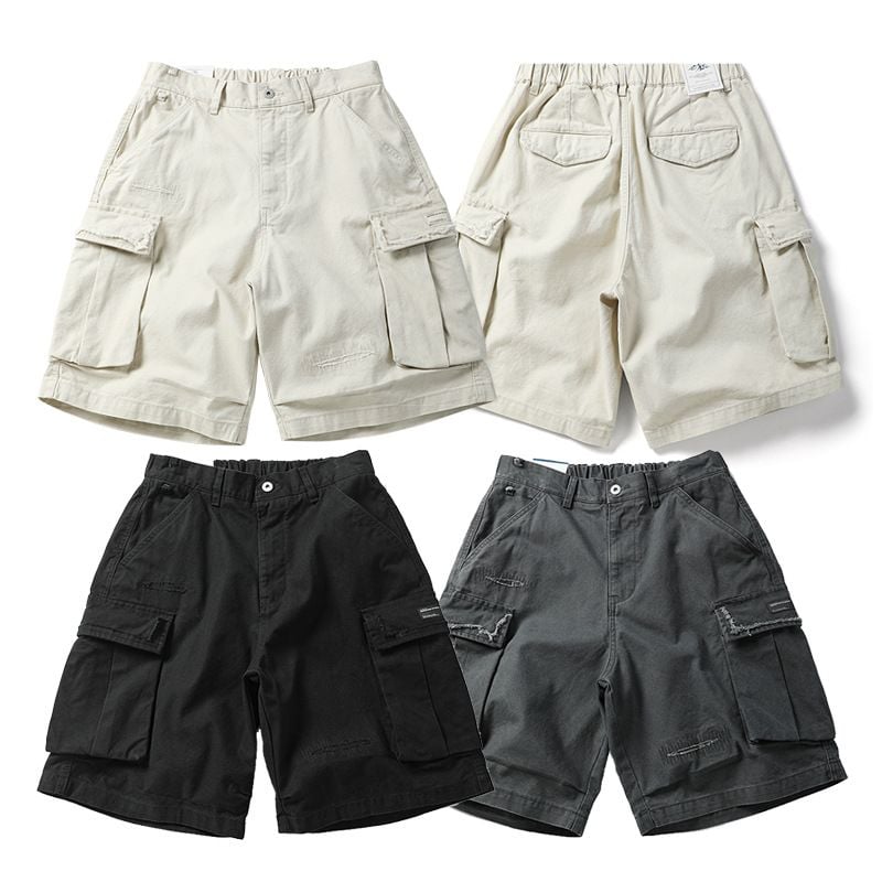Men’s Summer Cargo 5‑Inch Shorts, American High‑Street Vibe Style, Solid Color, Ripped & Patchwork Design, Loose Casual Fit
