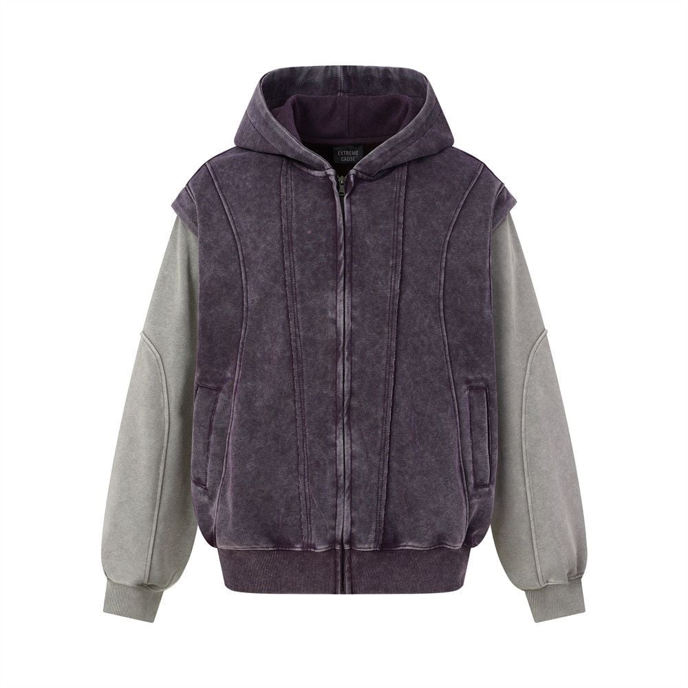 Men Wasteland Washed‑Distressed Hoodie Jacket, Punk 3D Deconstructed Faux Two‑Piece Splicing, Loose Street‑wear Outerwear for Spring & Autumn