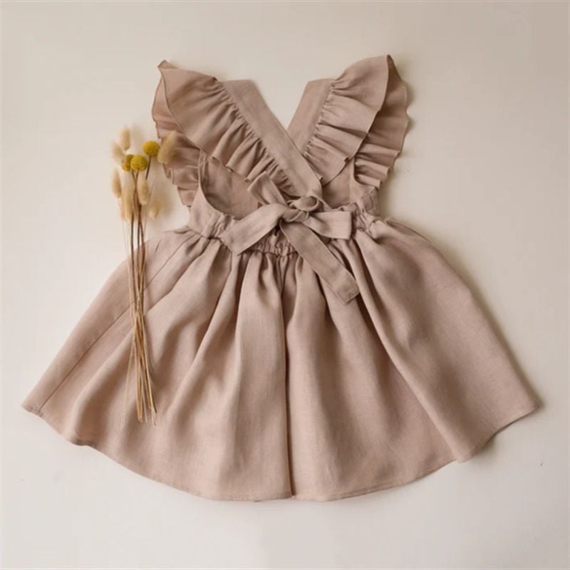 Spring & Summer Cotton Linen Baby Girls Outfit, Ruffled Princess Dress for Toddlers